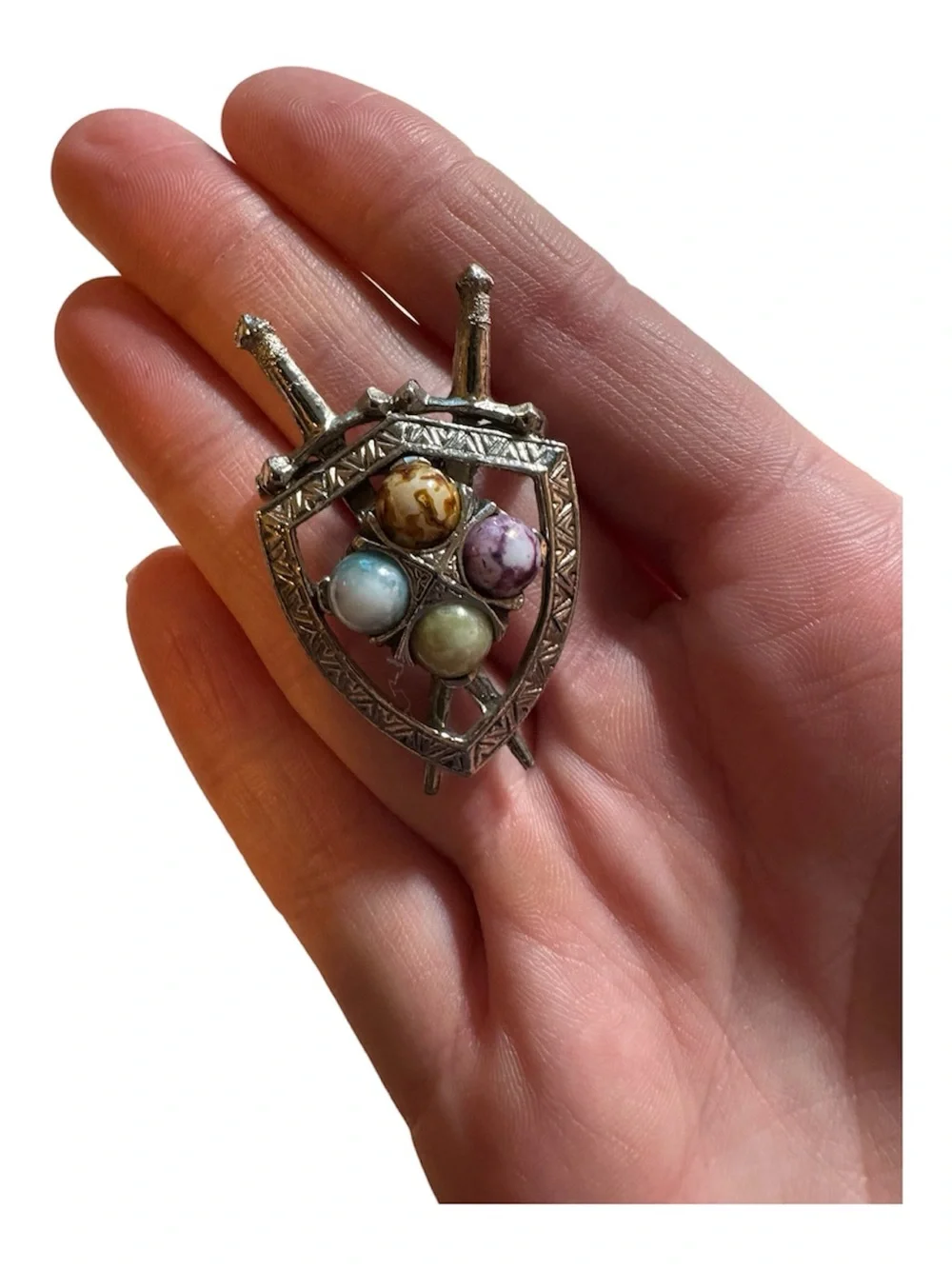 Multicolor Shield Pendant Brooch with Pastel Gem Beads